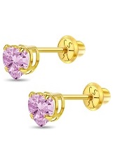 gorgeous yellow gold pink cubic zirconia heart birthstone baby earrings